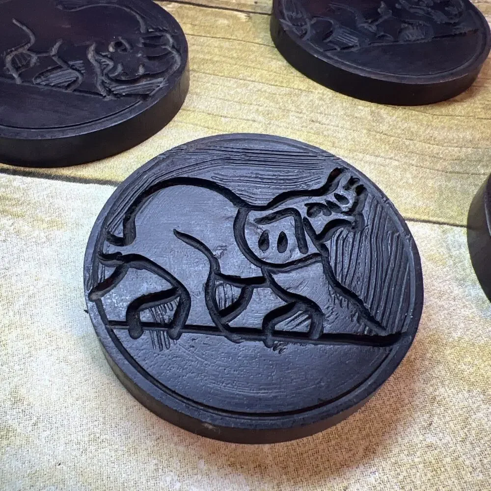 Hand Carved Wooden Africa 6 Coaster Set with Holder & Lid Beautiful Boho 4x5”